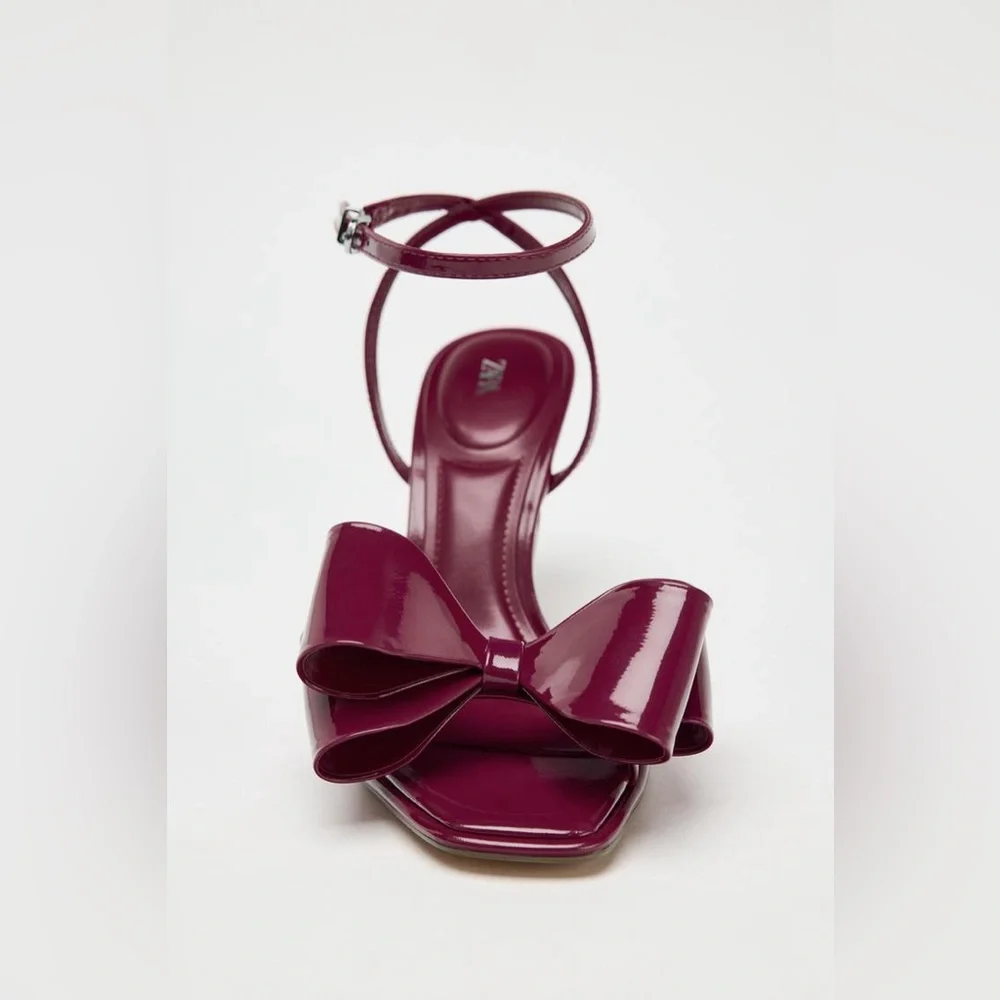 Zara PATENT EFFECT BOW SANDALS - Strawberry Red size 39 or size 8 only worn once - Picture 4 of 8